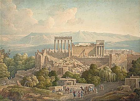VUE DE BAALBEK, AU LIBAN, UN GROUPE DE CHAMELIERS AU PREMIER PLAN