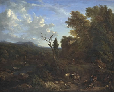 Paysage montagneux avec des bergers près d'un lac