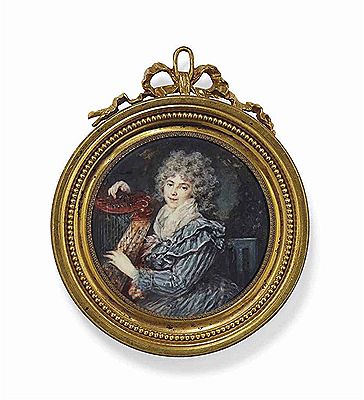 Portrait de la princesse Natalia Iwanowna Kourakine, née Golowina (1766-1831) en robe bleue à rayures blanches, tenant une harpe, sur une chaise, devant un fond boisé