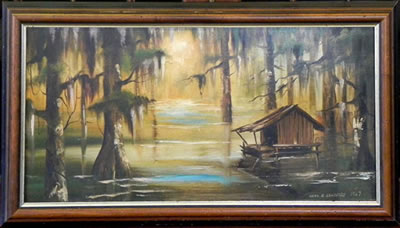 Louisiana Swamp Scene with Cabin, 1967 by Charles Handford - Auction record, sale price, and art valuation. Compare with similar artists and explore comparable artworks.