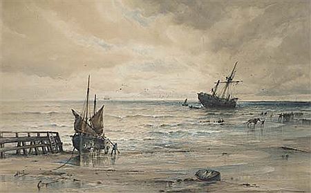 Wrecked three master on the sands with inhabitants salvaging