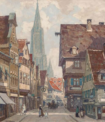 Figures in a North European Street, a cathedral beyond