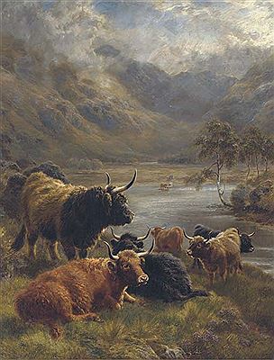 Highland cattle in a loch landscape