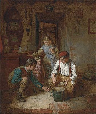 Children in a cottage interior