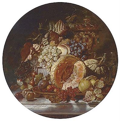 Grapes, cherries, plums, gooseberries and melons on a silver platter with a bejewelled cup and cover on a ledge