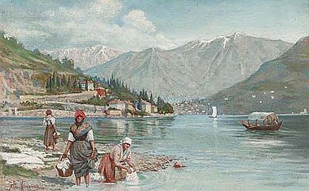 Washerwomen at the edge of an Italian lake