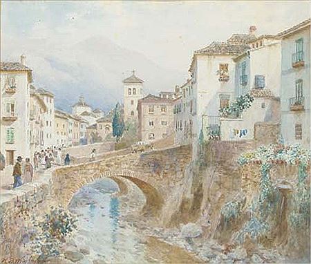 Figures by a bridge at Granada, Spain