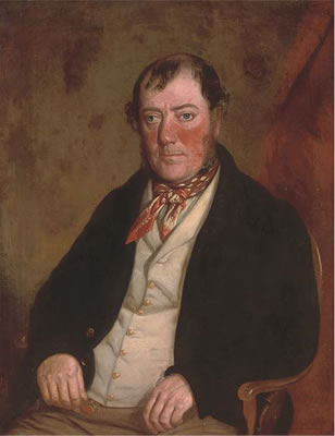 Portrait of Mr W. Griffith, seated half-length, in a black coat and red tie