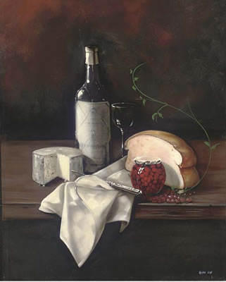 A bottle of wine, cheese, bread, with a jar of cherries to the side by Paul Karslake - Auction record, sale price, and art valuation. Compare with similar artists and explore comparable artworks.