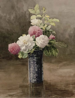Still life of roses in a blue bowl. Still life of roses in a vase