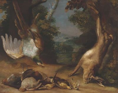 A dead hare and pheasant with partridge, woodcock and songbirds in a landscape