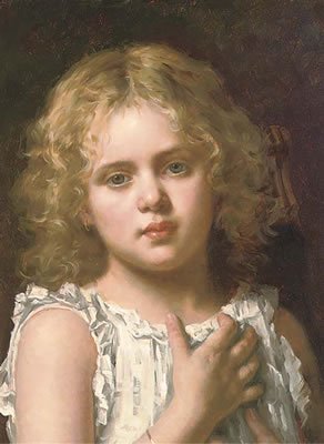 Portrait of a young girl, bust-length, wearing a white dress