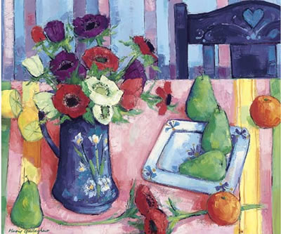 Pears, oranges, and poppies in a Glasgow jug