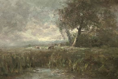 A landscape with pool, and cattle beyond