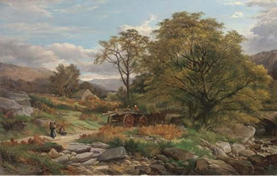 A log wagon in a Welsh landscape