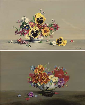 French marigolds, primroses, geraniums, violets and other flowers in a bowl; and Another similar by Laurence Biddle - Auction record, sale price, and art valuation. Compare with similar artists and explore comparable artworks.