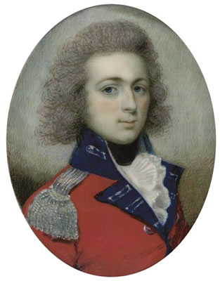 A young officer, in red coat with blue collar and silver-embroidered facings, silver buttons and epaulette, white frilled cravat, black stock, powdered hair