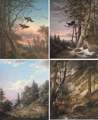 Woodcock in the forest at dusk; A Capercaillie in the forest at dusk; Deer in the woods; and A fox on the run (set of 4)