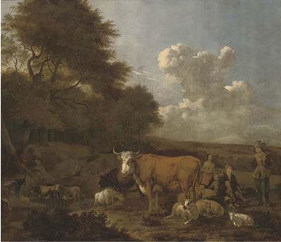 An extensive wooded landscape with herdsmen on a track