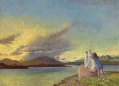Evening sun, mother and child on the shore