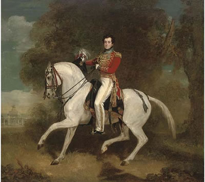 Portrait of an officer, traditionally identified as the Aide-de-Camp to Wellington, full-length, in the richly gold-embroidered scarlet uniform of an Aide-de-Camp to the King or Commander-in-Chief, circa 1820-30, mounted on a grey horse with the Wellingto