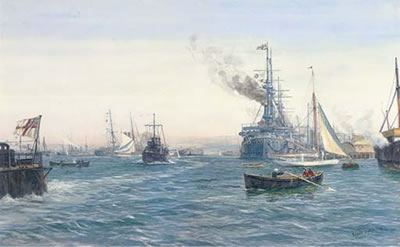 Panorama of Portsmouth Harbour with a battleship getting-up steam and preparing to leave the quayside