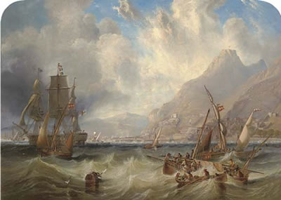 A large Second Rate, probably H.M.S. Asia, passing through local small craft off Gibraltar
