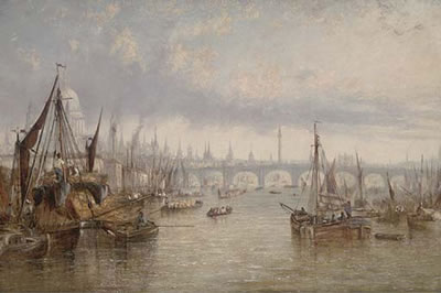 Hay barges on the Thames, St. Paul's Cathedral beyond