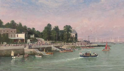 Big-class yachts racing at the regatta at Cowes, elegant figures on the esplanade