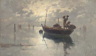 Fishermen on the Venetian lagoon, dusk by Giuseppe Vizzotto Alberti - Auction record, sale price, and art valuation. Compare with similar artists and explore comparable artworks.