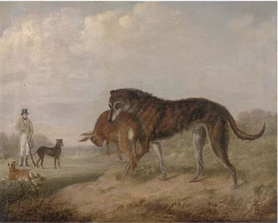 Sir Thomas Aston with his greyhounds Vixen, Crown Prince and Cygnet, in an extensive landscape