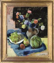 Carnations in a vase, with fruit to the side