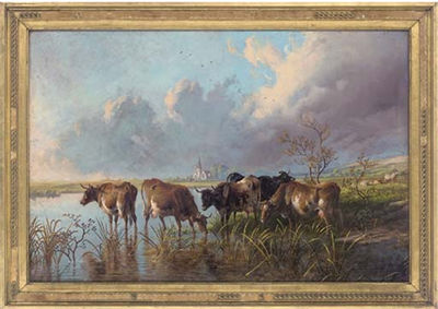 Cattle watering in a river landscape, a church in the distance
