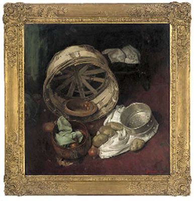 Potatoes, Onions, a Wicker Asket and a Pot