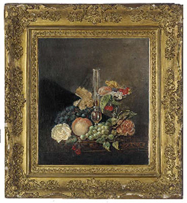 Grapes, Roses, Peaches, Cherries, Strawberries and a Glass Vase, on a Table