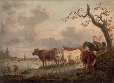 An extensive landscape with herdsmen and cattle watering at a stream