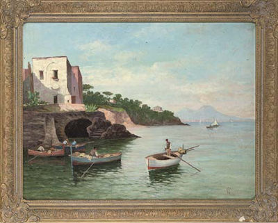 Fishermen preparing to depart, with the bay of Naples beyond