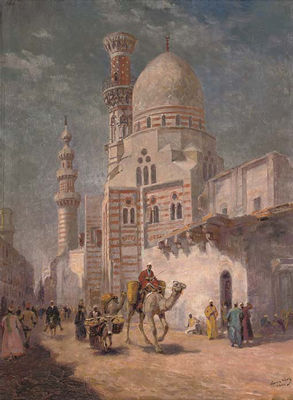 A Bustling Street Before a Cairo Mosque