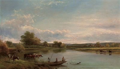 Figures in a punt, with cattle watering