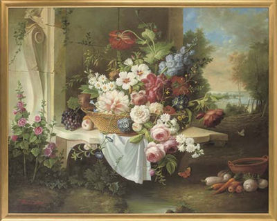 Roses, Peonies, Daisies and Other Flowers in a Basket, on a Ledge, a Landscape Beyond by Thomas Webster - Auction record, sale price, and art valuation. Compare with similar artists and explore comparable artworks.