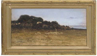 A Shepherd and His Flock at Dusk