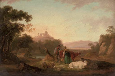 A wooded river landscape