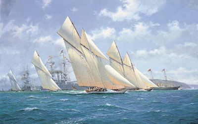WestWard and Lamorna Racing at Cowes, 1910, with the Royal Yacht Victoria and Albert (III) at Anchor Beyond and Guardships in Attendance