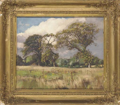 Oak trees in a field by Wilfred Stanley Pettitt - Auction record, sale price, and art valuation. Compare with similar artists and explore comparable artworks.