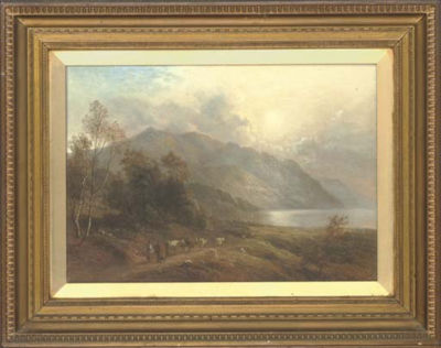 A drover and his cattle on a country track, beside a lake