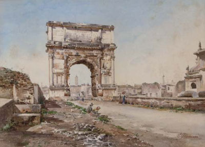 The Arch of Titus on the via Sacra, Rome by Stefano Donadoni - Auction record, sale price, and art valuation. Compare with similar artists and explore comparable artworks.