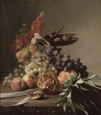 Grapes, peaches, a pomegranate and pineapple before a tazza