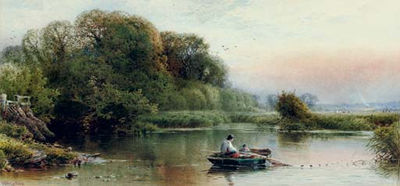 A River Landscape at Dusk with Young Anglers Dragging in Their Nets