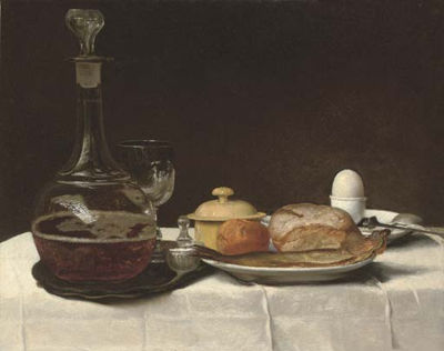 Still life with bread, a kipper, an egg and a decanter of ale on a table with a white linen table-cloth