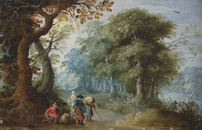 A wooded landscape with travellers on a track